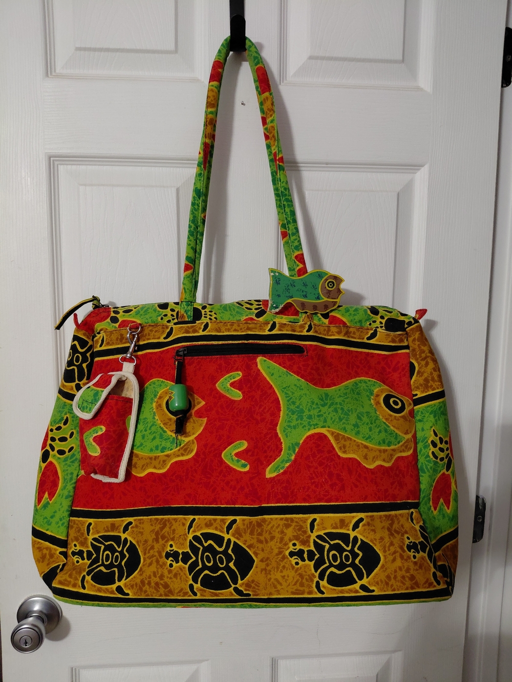 Sourpuss Red and Green Fish-Print Tote Bag